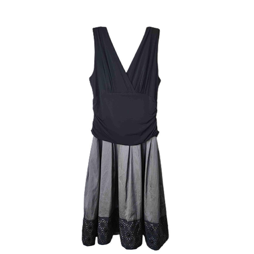 S.L Fashions Black Gray Two Tone V Neck Sleeveless Pleated Skirt Cocktail Dress